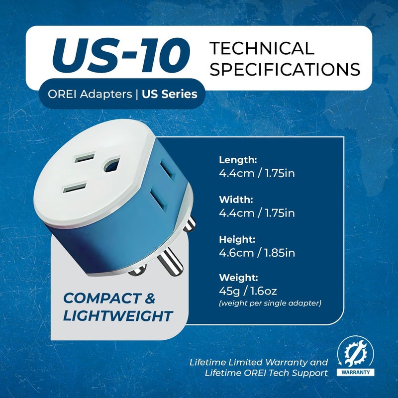 OREI India, Nepal, Maldives Power Plug Adapter with 2 USA Inputs - Travel 3 Pack - Type D (US-10) Safe Grounded Use with Cell Phones, Laptop, Camera Chargers, CPAP, and More - Image 5